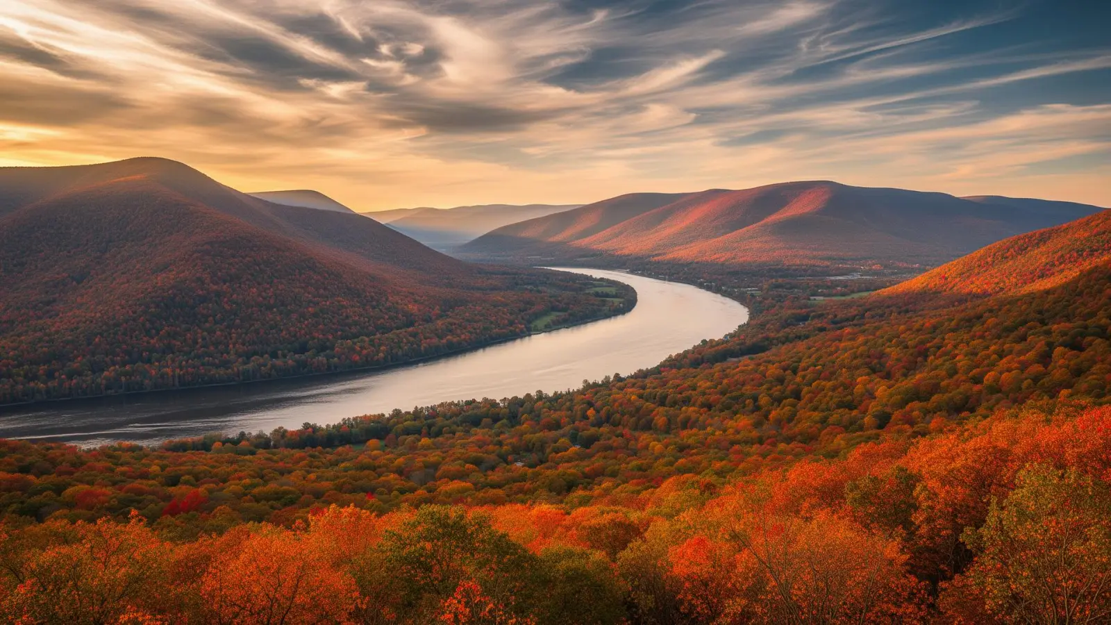 Hudson Valley New York landscape with the Hudson River winding through autumn mountains